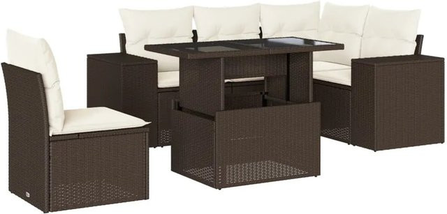 vidaXL 6-teilige Garten-Sofagarnitur in L-Form aus braunem Poly-Rattan mit cremeweißen Kissen und pulverbeschichtetem Stahlgestell - Bild 1