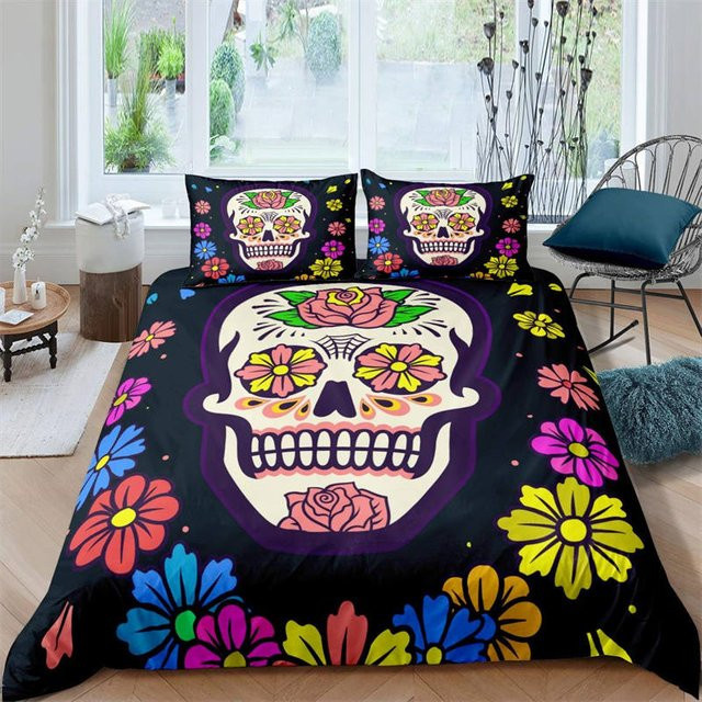 Binchi Outdoor Product Bettwäsche-Set Zuckerschädel Gothic Skelett mit floralem Design, Schwarz, B/H: 140 x 200 cm - Bild 1