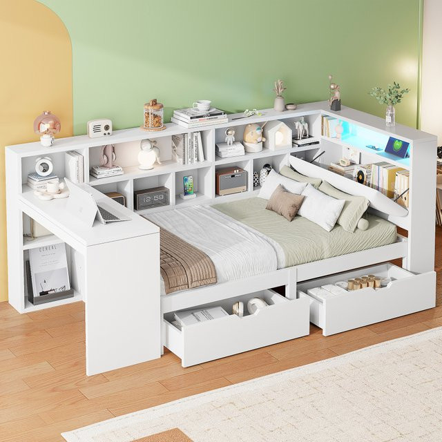 L-förmiges Plattformbett aus Massivholz mit Schreibtisch, Bücherregal und LED-Beleuchtung in Weiß, B/T/H: 90 x 200 cm - Bild 1