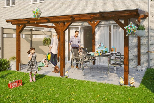 Skan Holz Terrassenüberdachung Siena aus Leimholz in Nussbaum Braun B/T/H: 541 x 350 cm mit Polycarbonat Dach - Bild 1