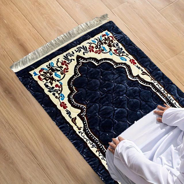 VIKAMA Gebetsteppich in Marineblau, gesteppter islamischer Gebetsteppich mit buntem Orient-Muster und Quasten - Bild 1