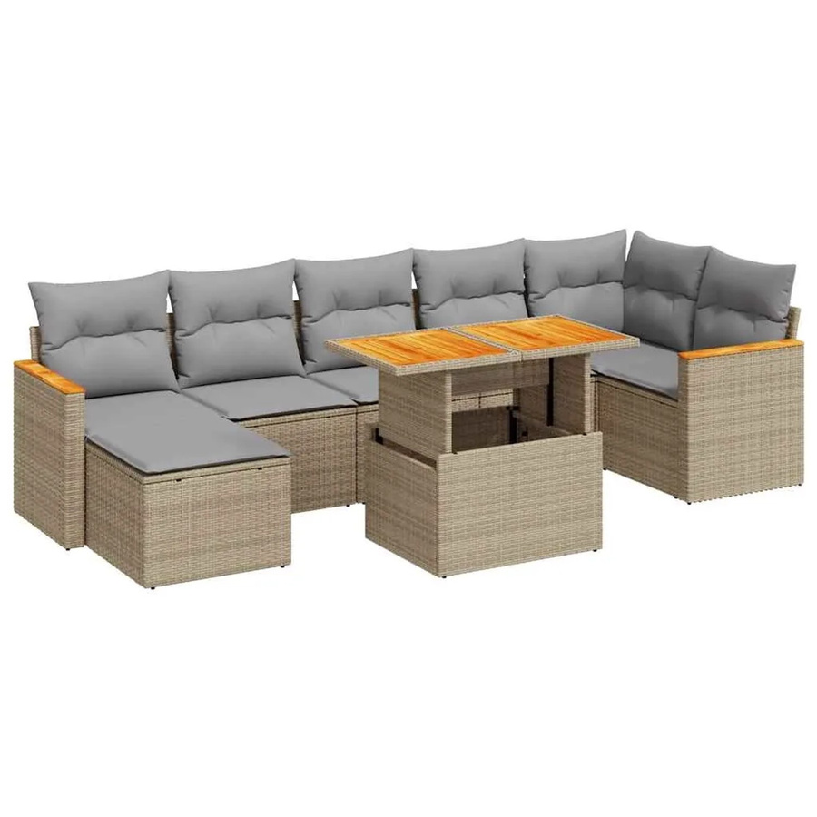 vidaXL 8-teilige Garten-Sofagarnitur in L-Form mit Kissen und Couchtisch, Beige, Polyrattan und Akazienholz - Bild 2