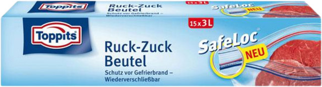 Toppits Gefrierbeutel Ruck-Zuck, wiederverschließbar, Blau, 3 Liter, 15 Stück - Bild 1