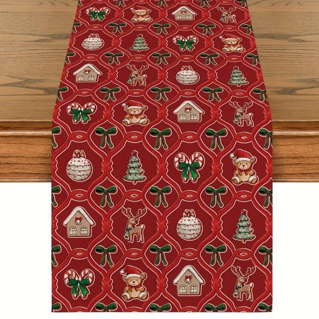 Dokriy Weihnachtstischläufer in Rot und Grün mit Bären, Hirschen, Stechpalmen und Zuckerstangenmustern - Bild 1