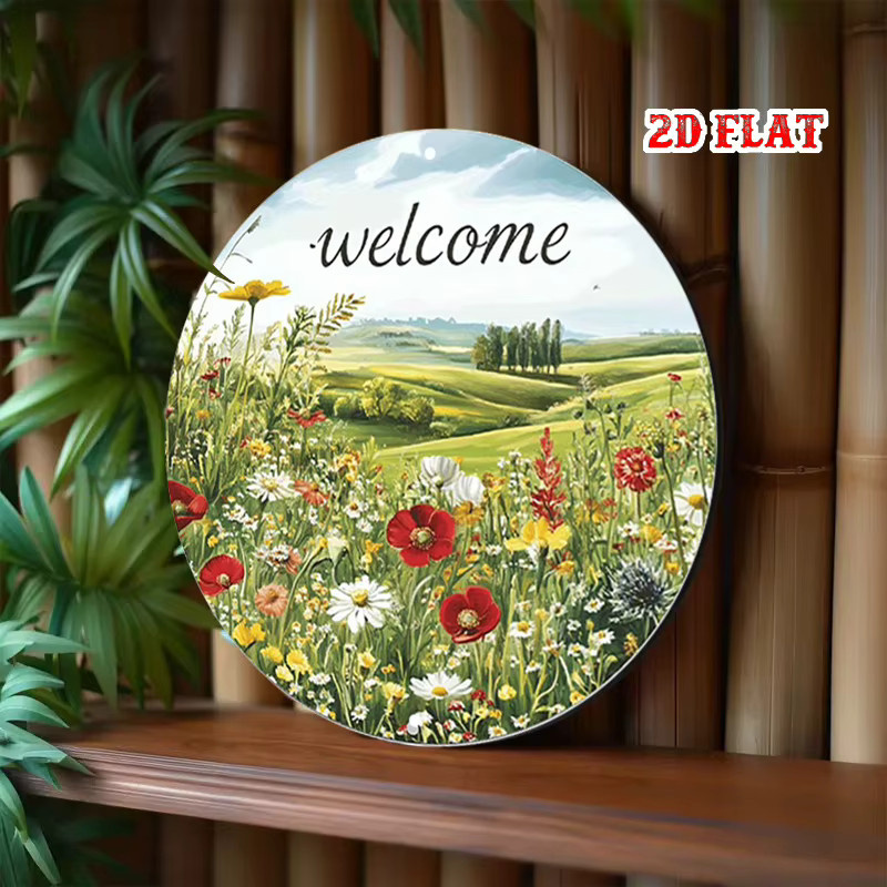 Potdemiel Rundes Metall-Wandkunstschild mit Blumenwiese und Willkommensgruß im Vintage-Design, Mehrfarbig, Durchmesser: 19,81 cm - Bild 5