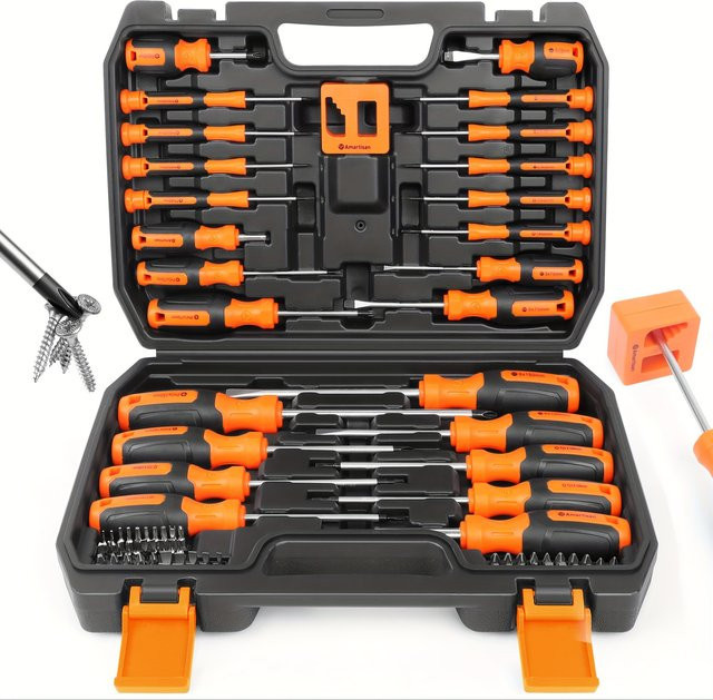 86-teiliges professionelles Schraubendreher-Set mit magnetischen Bits und Bohrern aus Edelstahl in Gelb - Bild 1