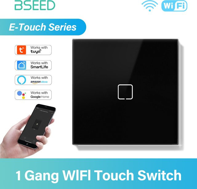 BSEED E-Serie WLAN Touch-Wandschalter mit schwarzem Glaspanel, Tuya Smart Life und Alexa App-Steuerung, 10A, Gelbe Hintergrundbeleuchtung - Bild 1