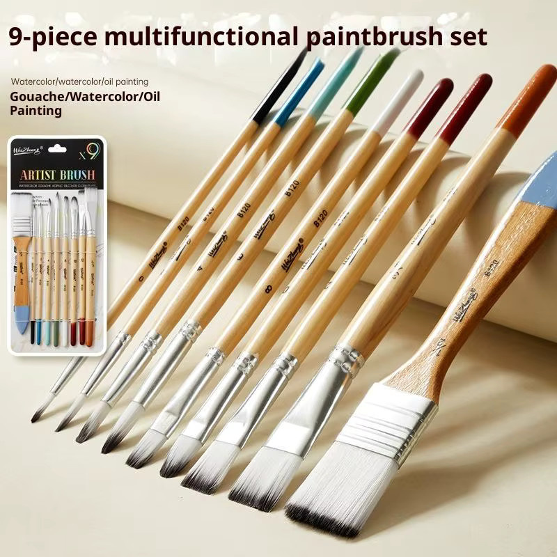 9-teiliges CHENJ Acryl-Ölgemälde-Pinselset mit Nylonhaar und Holzgriffen in Beige und Multicolour für Leinwand und Aquarell - Bild 2