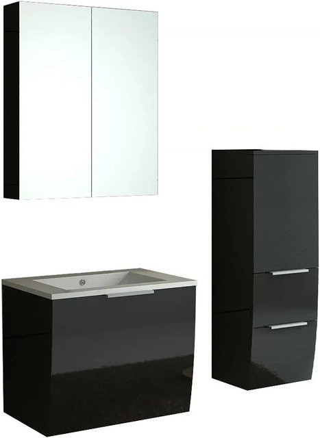 Jet-Line Badmöbel Set Rorschach 3-teilig in Hochglanz Schwarz mit Keramik-Waschtisch, Spiegelschrank und Hochschrank - Bild 1
