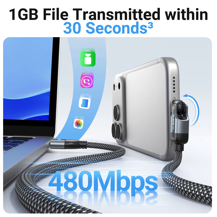 AUFU 180 Grad drehbares USB-C-Kabel in Schwarz, 5A Schnellladekabel und Datenkabel mit USB-A auf USB-C Anschluss für Xiaomi POCO und Samsung S21 S20 - Bild 3
