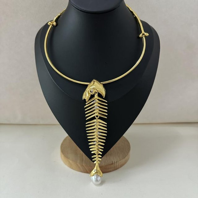 Halskette Choker, Fischknochen Anhänger, Legierung, Damen, black - Bild 1