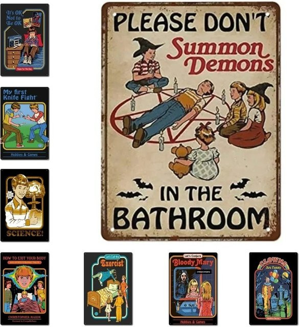 Steven Rhodes Wanddekoration Bitte beschwören Sie Dämonen nicht im Badezimmer Mein erstes Messerkampf Retro Vintage-Stil B/H: 20 x 20 cm - Bild 1