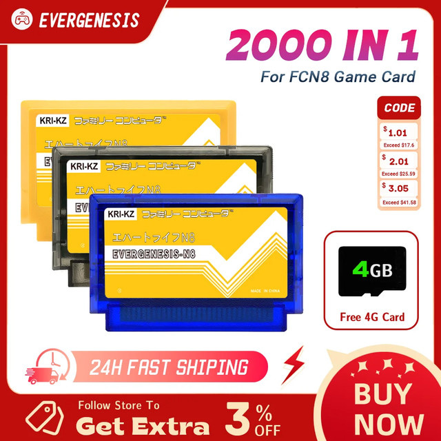 EVERGENESIS FC N8 Game Card 2000-in-1 Multi Game Remix China-Version für 8-Bit Familiencomputer Retro Videospielkonsole in Schwarz, Blau und Transparent - Bild 1