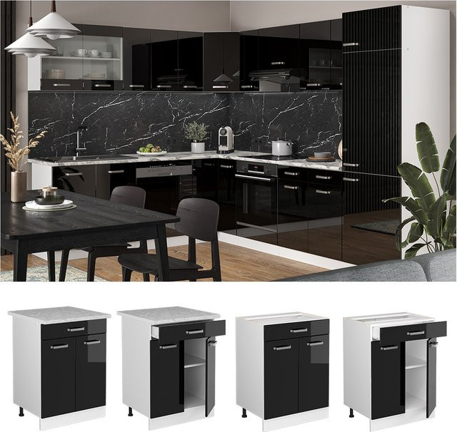 Vicco Küchenunterschrank R-Line mit Schublade in Schwarz Hochglanz und Weiß mit Marmor-Arbeitsplatte, Breite: 60 cm - Bild 1