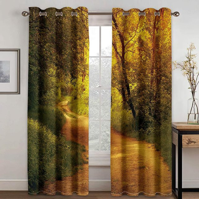 Dekorative 3D Herbstwald Vorhänge mit gelber Waldlandschaft, 2er-Set aus Polyester, Farbe: Gelb/Mehrfarbig, B: 100 cm, H: 240 cm - Bild 1