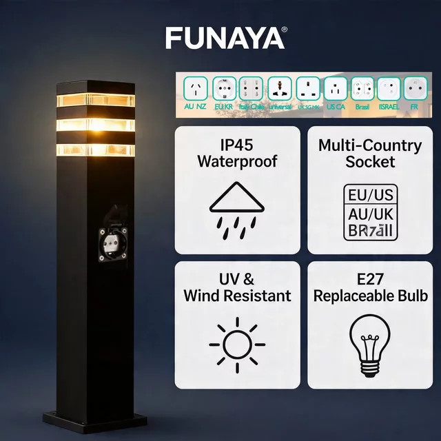 FUNAYA Außenleuchte mit wasserdichter Steckdose, moderne LED Pollerleuchte aus Aluminium in Schwarz, E27 Fassung, IP45 Schutzklasse für Garten und Innenhof - Bild 1