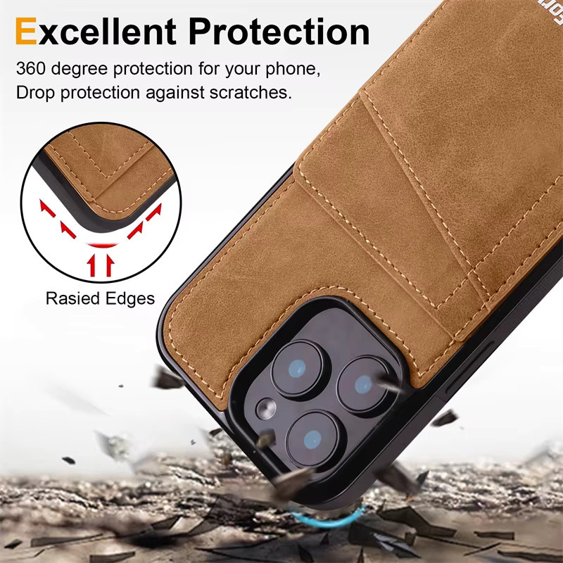 EUCAGR Leder Handyhülle mit Kartenfach für iPhone 16 Pro Max 15 14 Plus 13 Mini 12 Mini 11 Pro Max in Braun - Bild 3