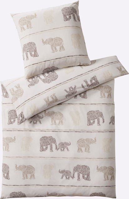 Heine Home Bettwäsche Elefanten Graphic aus 100% Baumwolle Renforcé, Reversibel, Weiß/Beige - Bild 1