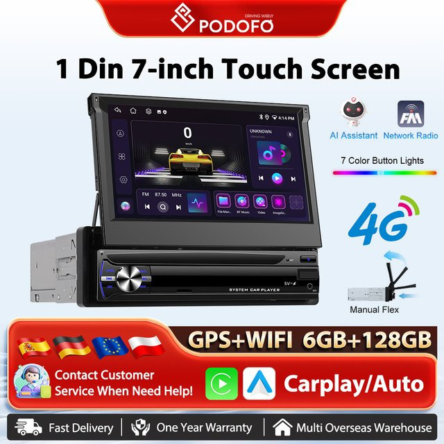 Podofo 1Din Carplay Auto Radio mit Android Auto, GPS Navigation, WLAN, Bluetooth und DSP, Schwarz - Bild 1