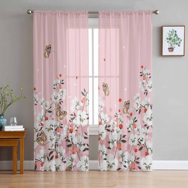 Transparentes Tüllvorhang Super Six mit High Heels und Schmetterlings-Motiv in Rosa, Breite: 135 cm, Höhe: 114 cm - Bild 1