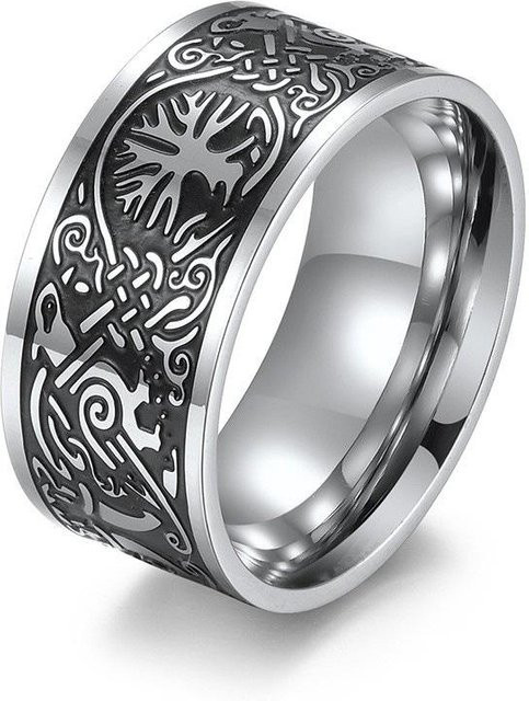 YIRAN Ring Edelstahl, Lebensbaum, Odin, Rabe, Unisex, grau - Bild 1