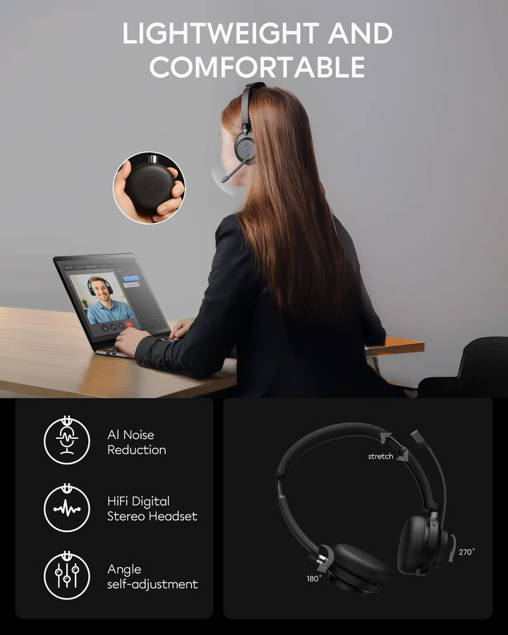 Rownfusny Kabelloses Bluetooth Over-Ear-Headset mit Mikrofon und USB-Dongle in Schwarz - Bild 4