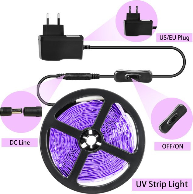 AVACOM UV LED Streifen Licht Schwarz und Purple, 385-400nm UV Lampe 2835 SMD DC12V für Glow Party und Dekoration - Bild 1