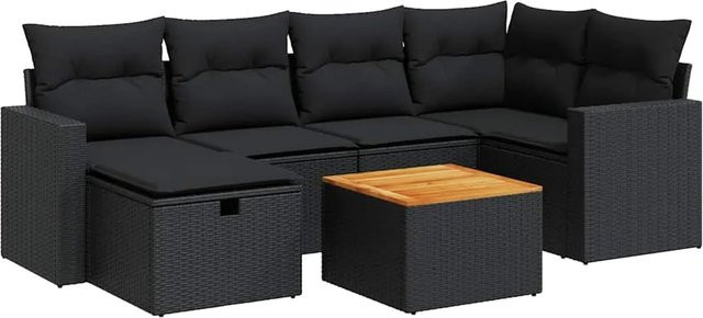 vidaXL 7-tlg. Garten-Sitzgruppe in L-Form mit Kissen, Schwarz, aus Akazienholz und pulverbeschichtetem Stahl - Bild 1