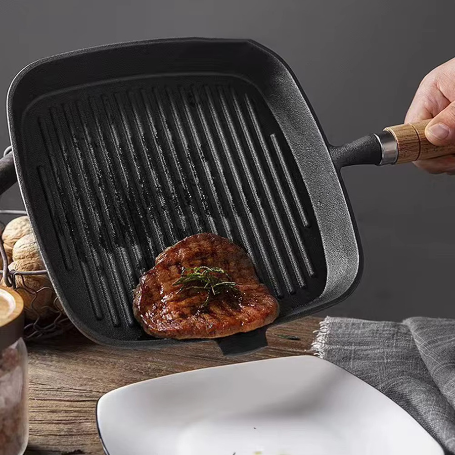 APWIKOGER Gusseisen-Steakpfanne mit Holzgriff, quadratische Grillpfanne, antihaftbeschichtet, Schwarz - Bild 4