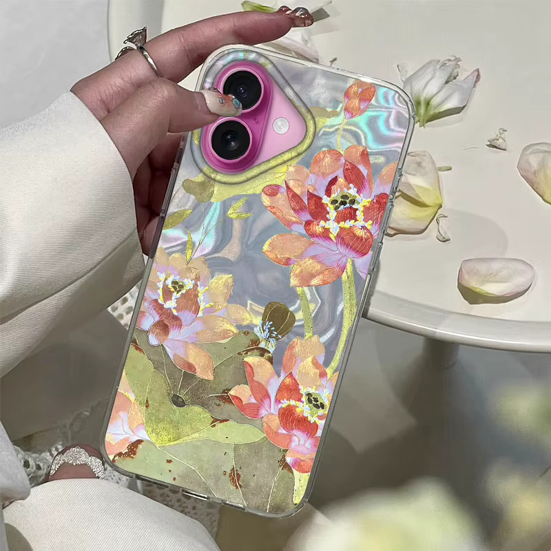 Fundas Stoßfeste Handyhülle mit goldenem Lotusblumenmuster und rosa Pfingstrosen für iPhone 16 15 14 13 Pro Max Plus und SE 2022 - Bild 2