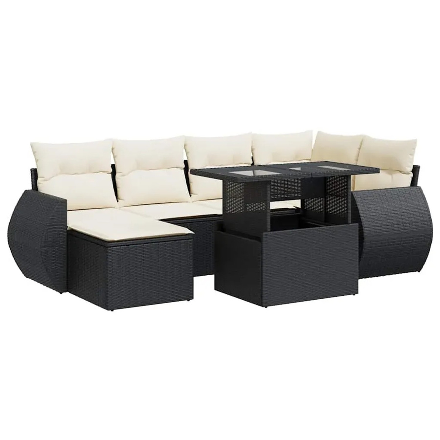 vidaXL 7-teilige Garten-Sofagarnitur in L-Form aus Poly-Rattan mit Kissen in Schwarz-Creme - Bild 2