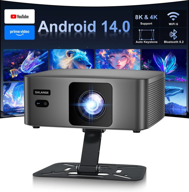 Salange P60Pro Smart-Projektor mit Android 14.0, 8K-Unterstützung, WiFi6 und Bluetooth 5.2, tragbarer Heimkino-Filmprojektor mit Auto-Keystone - Bild 1