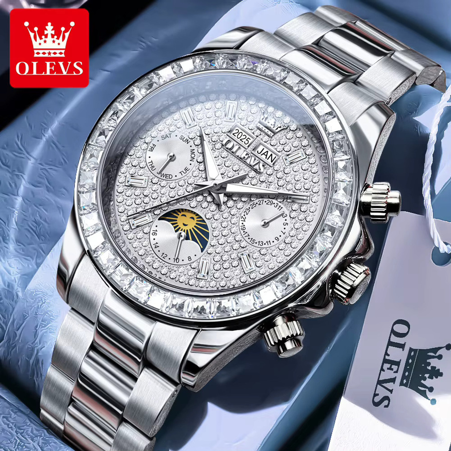 OLEVS Armbanduhr, Automatik, Gold, Edelstahl, Diamant, Mondphase, Herren - Bild 2