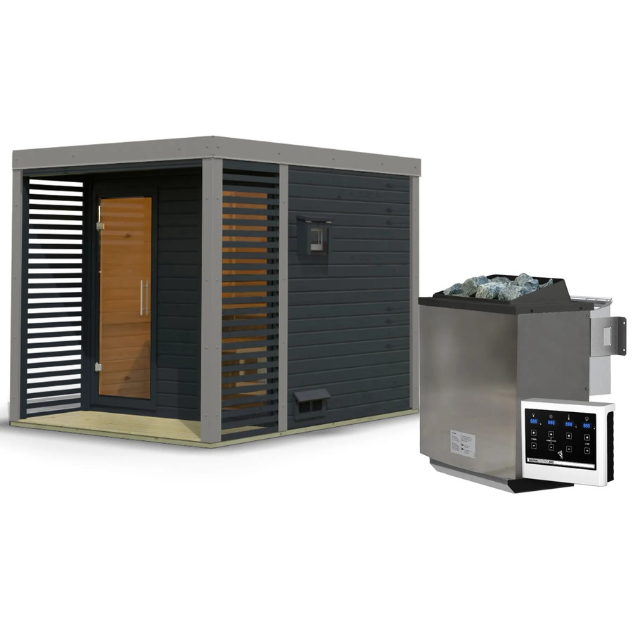 Karibu Saunahaus Seros Blockbau mit 9 kW Bio Ofen in Anthrazit und Graualuminium - Bild 2
