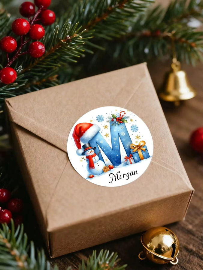 Personalisierte Weihnachtsaufkleber mit Schneemann-Motiv, runde Namensschilder für Kinder und Familie, bunt, Papier - Bild 2