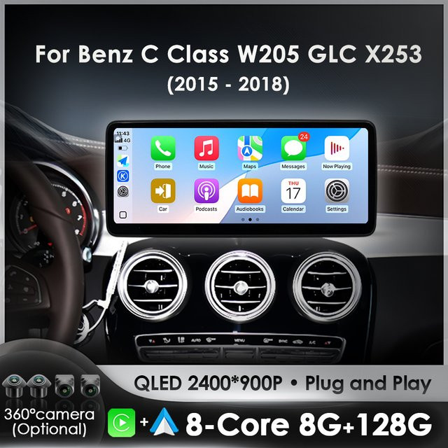 QiumianNavi Android 16 Headunit für Mercedes-Benz C-Klasse W205 GLC X253 V-Klasse W447 (2015 - 2019) mit GPS-Navigation, Bluetooth, WiFi und CarPlay in Schwarz - Bild 1