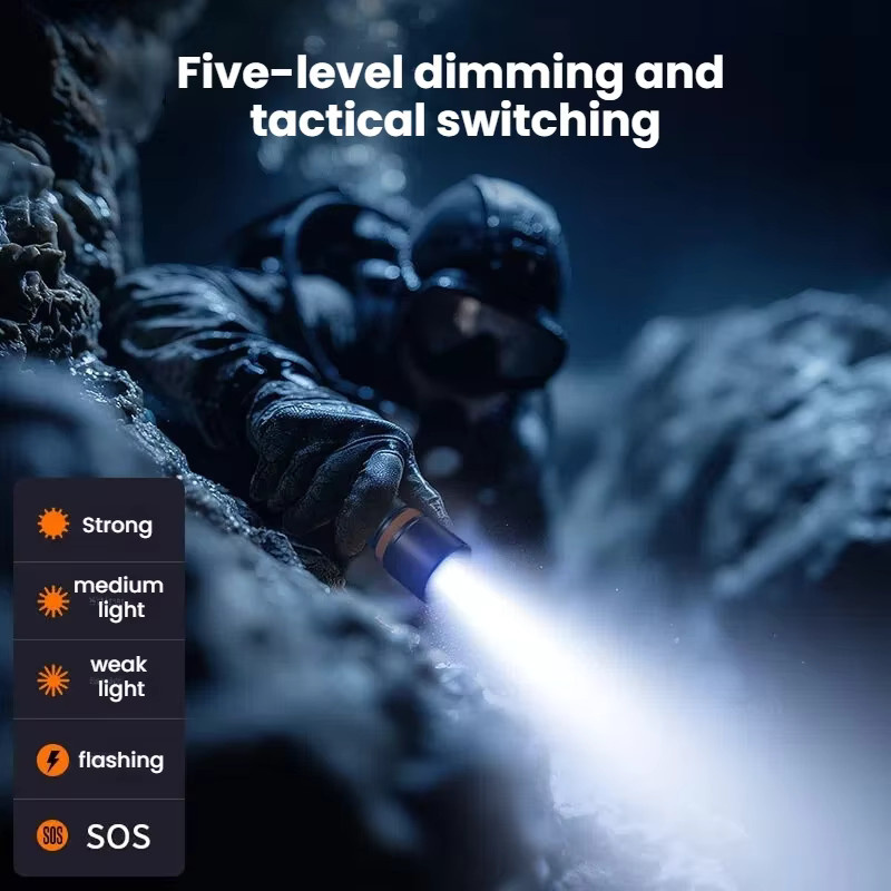 Professionelle amphibische Tauchlampe in Schwarz mit IP68 Wasserdichtigkeit und langer Akkulaufzeit für Unterwasserbeleuchtung und Outdoor-Tauchexpeditionen - Bild 3