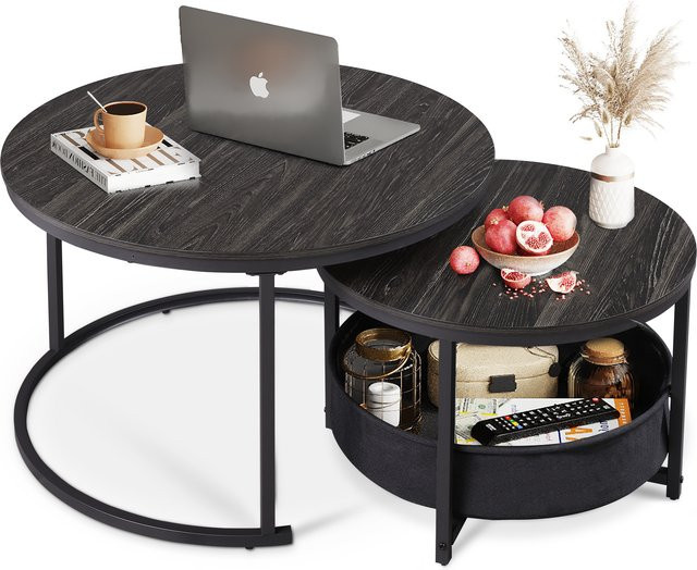 WLIVE 2er-Set runder Couchtisch und Beistelltisch in Schwarz mit Holzplatte und Metallrahmen - Bild 1