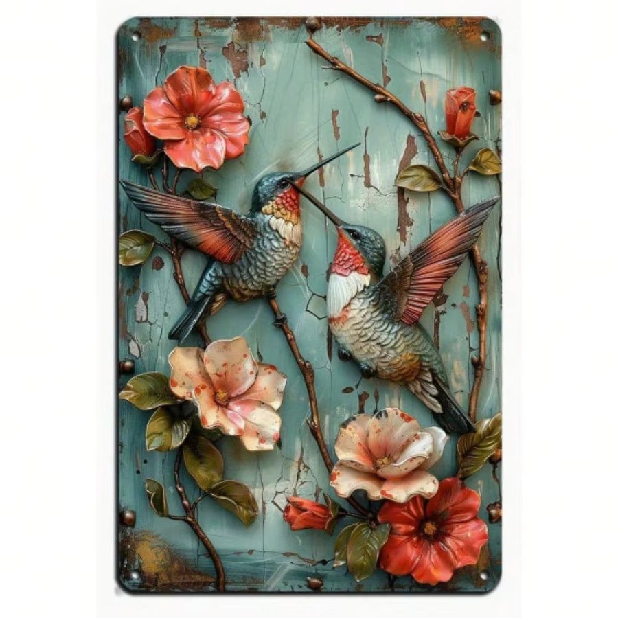 Rustikales CIFBUY Metallschild mit Kolibri und Blumenmotiv in Mehrfarbig, Rechteckig, Breite: 30,0 cm, Höhe: 20,0 cm, Tiefe: 20,0 cm - Bild 2