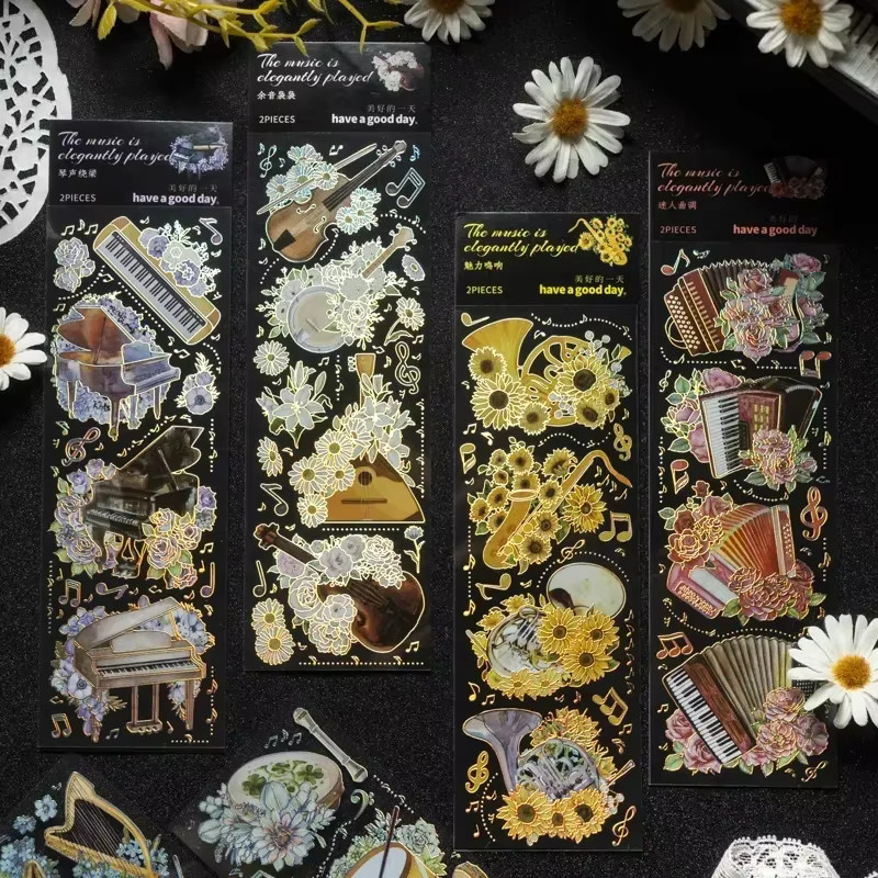 2 Sets mit 6-teiligen goldenen holografischen Aufklebern im Melodie-Blumeninstrument-Design für Tagebücher und Einladungen von leaffei - Bild 4