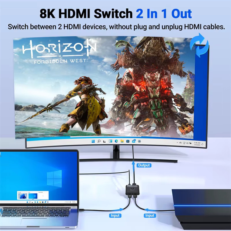 TABLLYUGE Bidirektionaler HDMI Splitter und Switch 1x2/2x1 in Schwarz, 8K 60Hz HDMI-Adapter für PS4, PS3, TV-Box, Monitor und Projektor - Bild 3