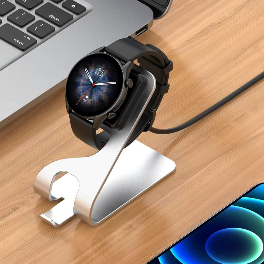 Silbernes Aluminium Ladegerät für Amazfit GTR 4, T-Rex Ultra, Cheetah, GTR 3, GTR 4 Pro, GTS 3 und T-Rex 2 mit USB-Kabel - Bild 4