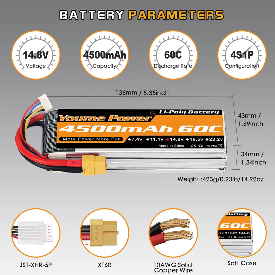 Youme 4S LiPo Akku 14,8 V 4500 mAh 60C mit XT60 und EC5 Anschlüssen für RC FPV Flugzeuge, Drohnen, Racing-Boote und Autos - Bild 2