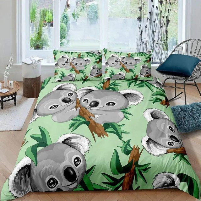 Koala Bettwäsche Set mit Bären und Palmenblatt Design, Farbe Grün, 3-teilig, B/H: 135 x 200 cm - Bild 1