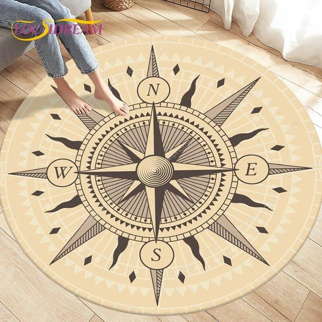 Runder Kompass-Teppich von YunhengTechnology in Beige mit Retro-Design, rutschfest und waschbar, Durchmesser: 100 cm - Bild 1