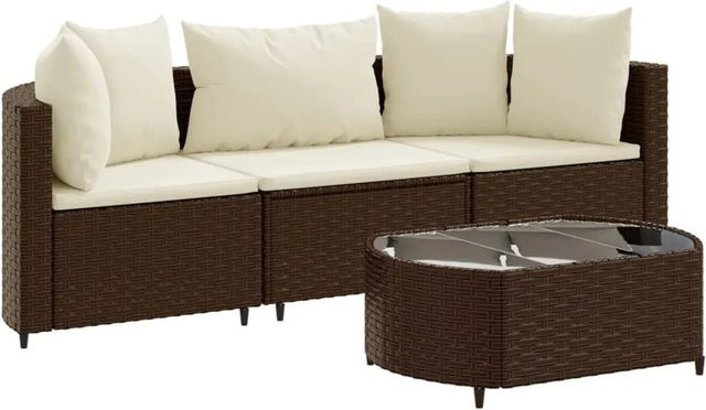 vidaXL 4-tlg Garten-Sofagarnitur in L-Form aus braunem Poly-Rattan mit Kissen und Couchtisch - Bild 1
