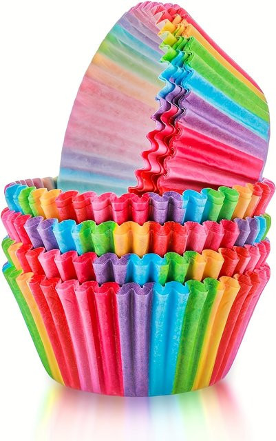 100 Stück Regenbogen-Cupcake-Förmchen aus lebensmittelechtem Papier, buntes Design für Muffins und Gebäck - Bild 1