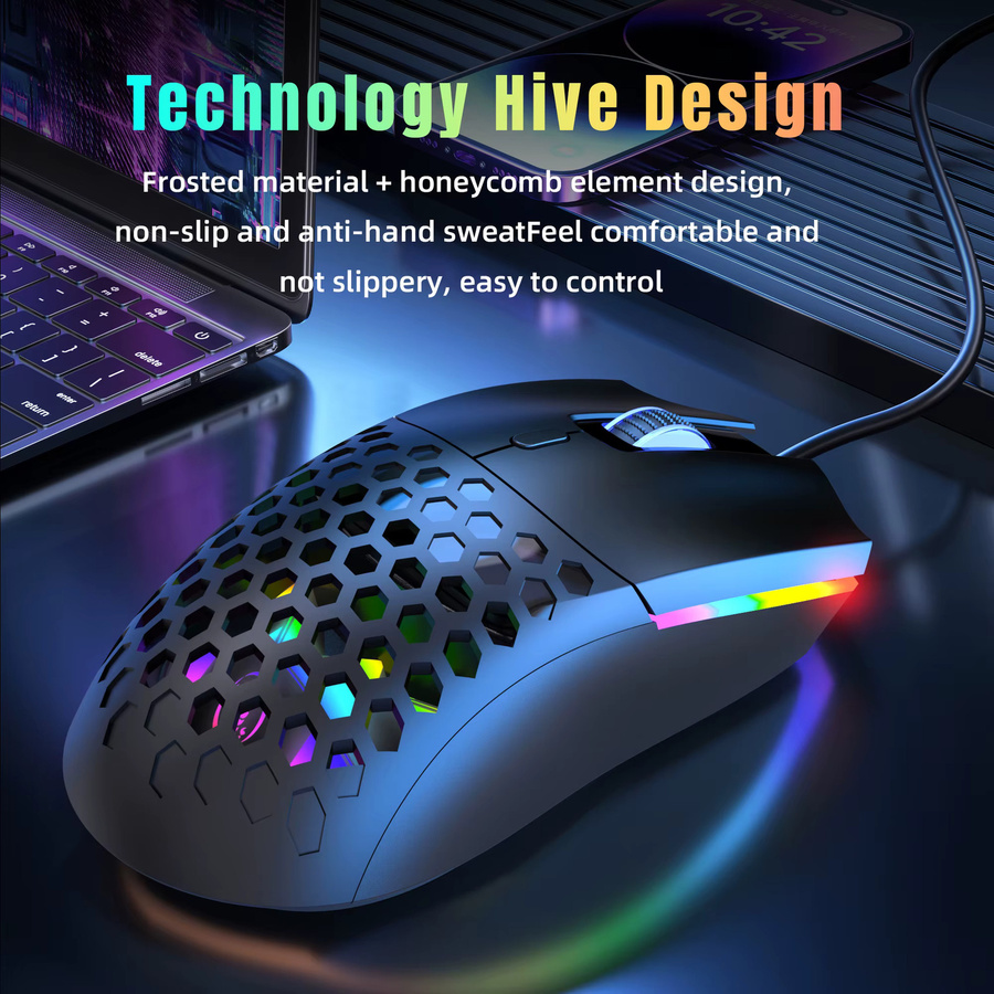 HXSJ RGB Gaming-Maus mit 6400 CPI, 7-Farben-Atmosphärenlicht und optischem Wabendesign in Schwarz - Bild 1