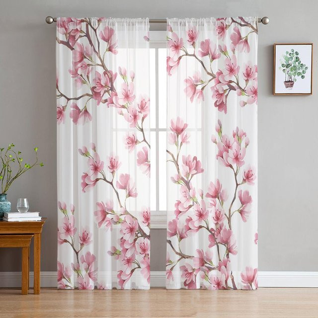 Transparente Vorhänge mit rosa Blumen und Pflaumenzweigen von Household supplies MH, weiß, B: 135 cm, H: 115 cm - Bild 1
