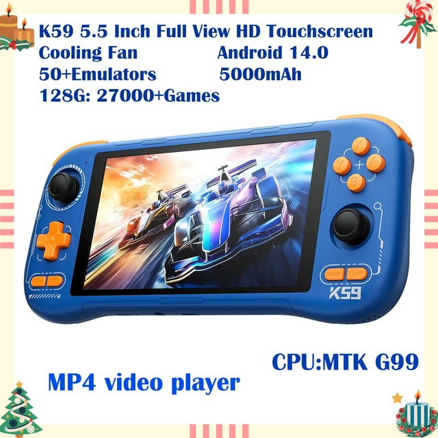 JSAMAZING K59 Pro Handheld-Spielkonsole mit Android 14, 5,5 Zoll Touchscreen, 5000mAh Akku und Kühlventilator in Blau - Bild 1